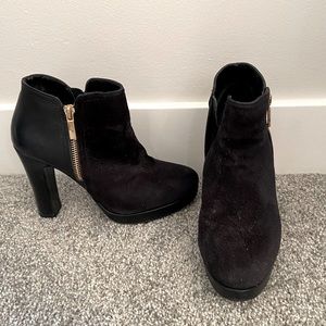 Dune, black ankle booties with block heel. US size 5.